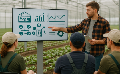 온실 내부에서 강사가 디지털 화면을 보며 농업 자동화 유지보수 원리를 설명하고, 수강생들이 실제 센서와 장비를 살펴보는 교육 현장 모습