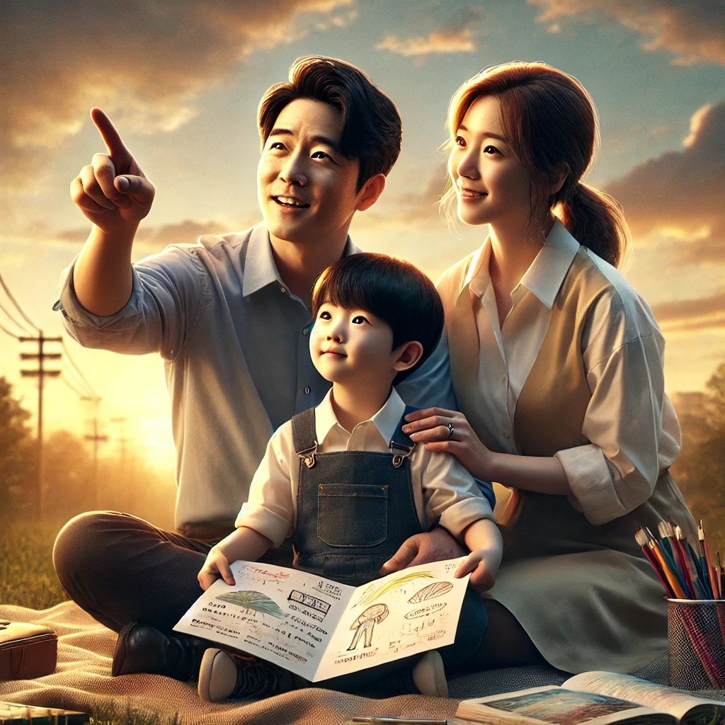 부모가 아이와 함께 꿈을 이야기하며 따뜻한 황혼 아래에서 희망과 사랑을 나누는 장면이 담겨 있습니다.