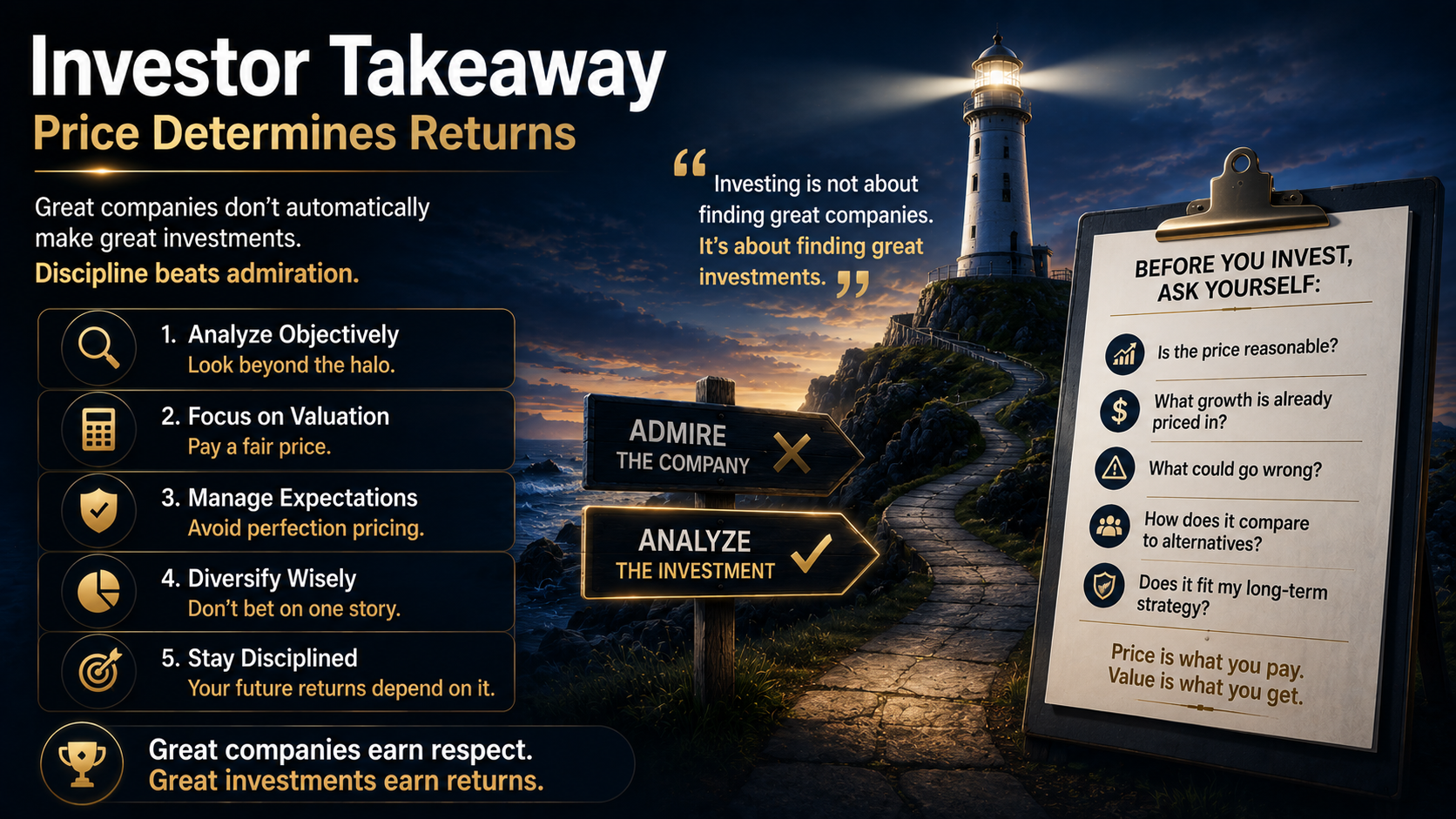Investment infographic showing that long-term returns depend on valuation, rational analysis, and buying great companies at reasonable prices.