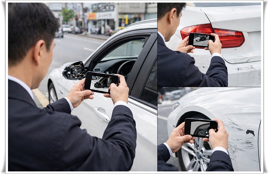 탁송 서비스 이용 전 차량 외관 상태를 사진으로 기록하는 모습