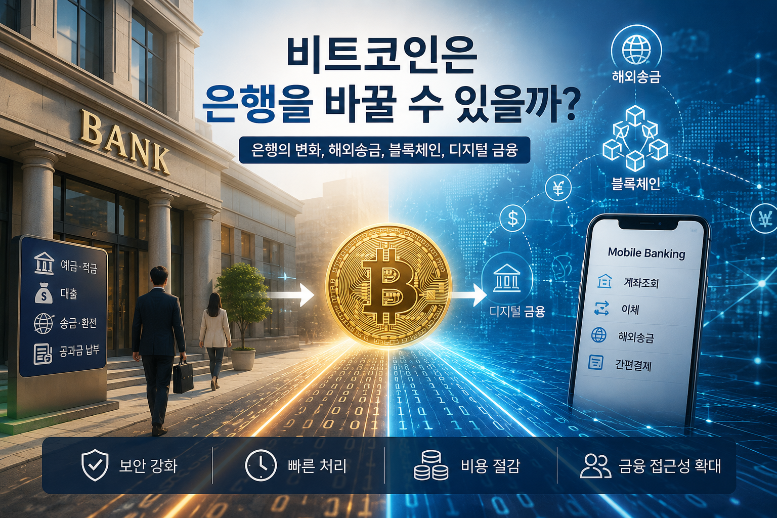 은행과 비트코인, 블록체인 기술이 만들어가는 디지털 금융의 변화를 표현한 이미지