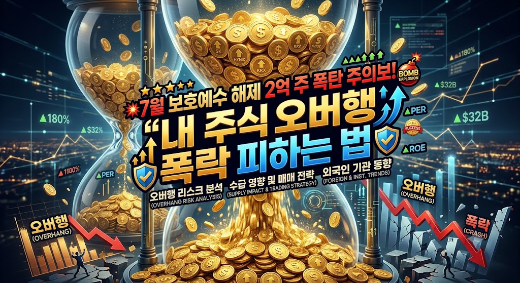 거대한 모래시계 속에서 수많은 황금 주식 동전들이 아래로 쏟아져 내리는 그래픽 배경 위로, "7월 보호예수 해제 2억 주 폭탄 주의보! 내 주식 오버행 폭락 피하는 법"이라는 강렬한 볼드체 타이틀이 배치된 디자인 이미지.