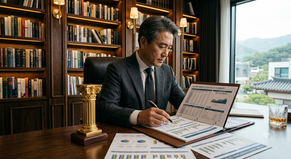 세련된 홈 오피스 서재 테이블 위에서 매달 꽂히는 고액 월세 분배금 원장과 연금 계좌 내 비과세 복리 재투자 시뮬레이션 양식을 대조하는 모습