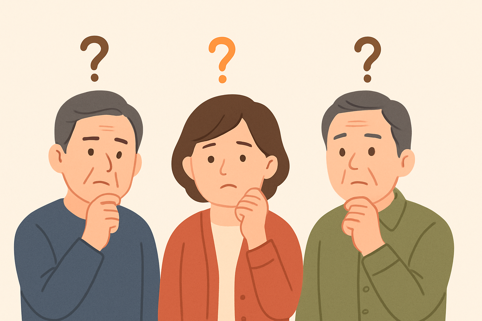 세 명의 중장년 남녀가 고개를 갸웃거리며 생각에 잠긴 모습의 일러스트. 각 인물 머리 위에는 물음표가 떠 있고, 표정은 심각하기보단 약간 고민스러운 정도임