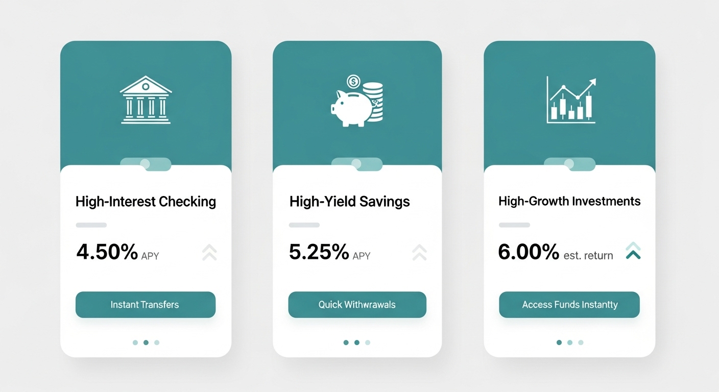 다양한 금융기관의 고금리 파킹통장 앱 화면을 나타내는 깔끔하고 현대적인 디자인.