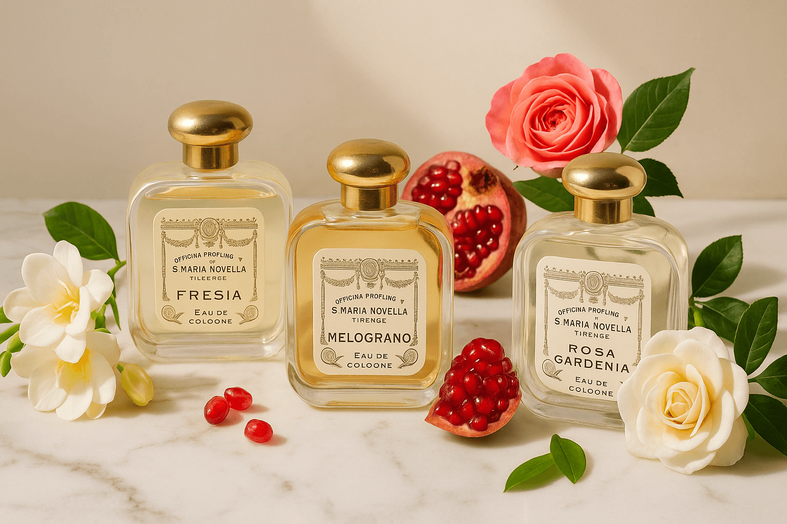 이탈리아산 화이트 대리석 위에 산타 마리아 노벨라의 베스트셀러 향수 ‘프리지아’, ‘멜로그라노’, ‘로사 가데니아’ 병이 세련되게 놓여 있고, 주변에 프리지아 꽃, 장미, 가데니아 꽃, 석류 열매와 초록 잎이 자연스럽게 배치된 초고해상도 제품 사진. 크림 톤 배경과 자연광이 병에 은은한 반사를 주며 고급스러운 니치 향수 브랜드 이미지를 강조함