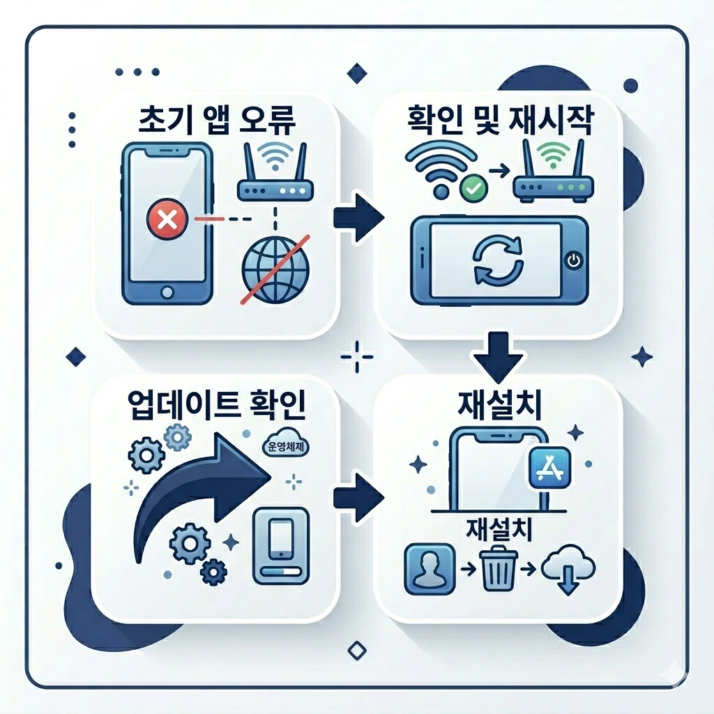 앱 실행 오류 로그인 오류 화면 멈춤 문제 해결 순서를 보여주는 이미지
