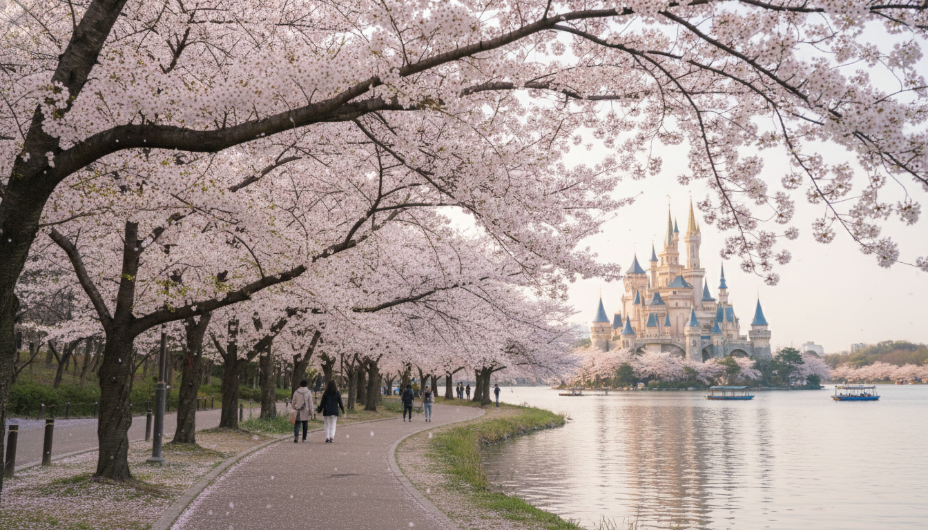 2026년 4월, 서울 석촌호수 서호 둘레길에 만개한 벚꽃 아래로 롯데월드 성이 보이는 평화로운 풍경.