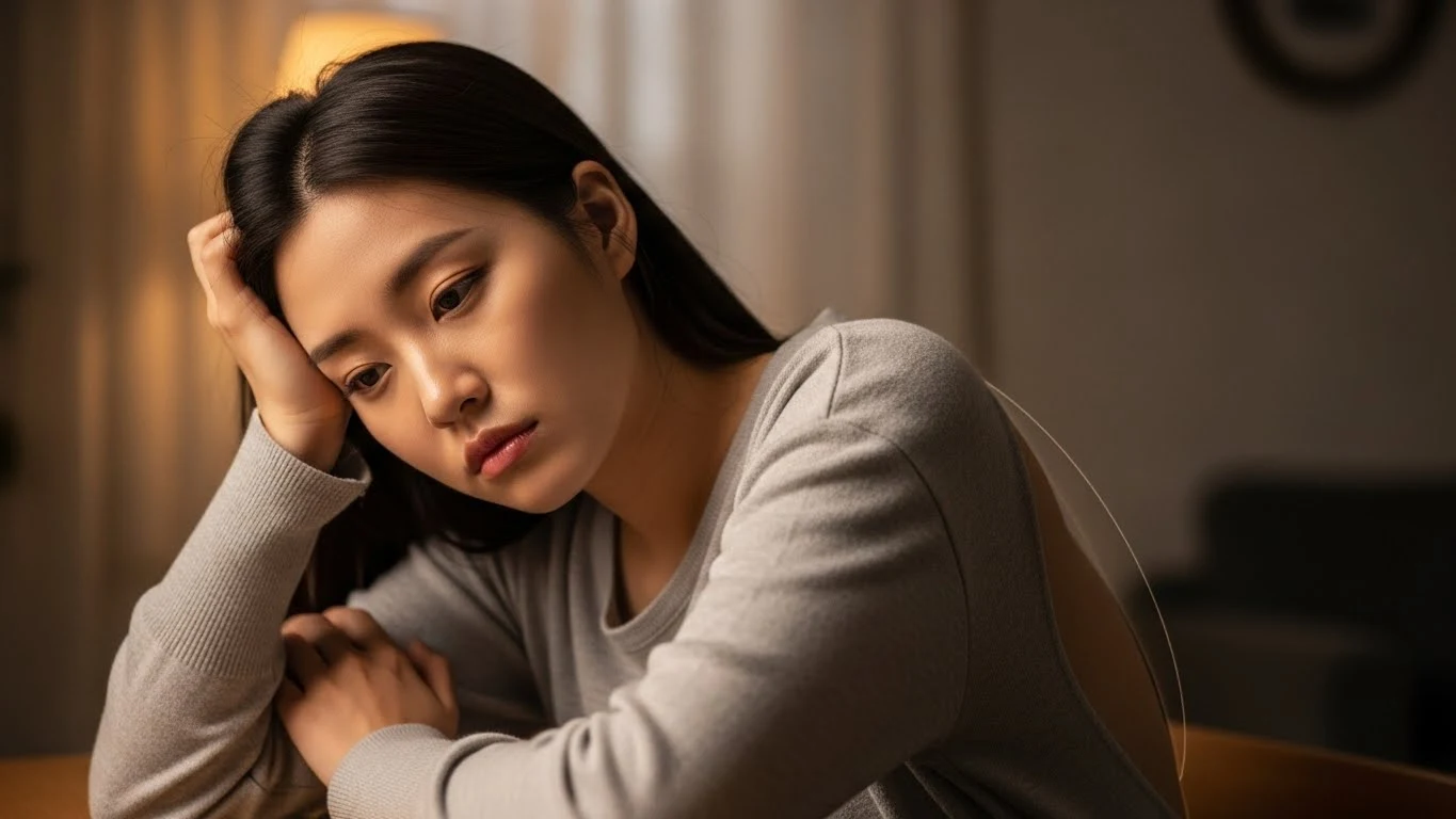 피로한 표정으로 머리를 짚고 있는 이미지