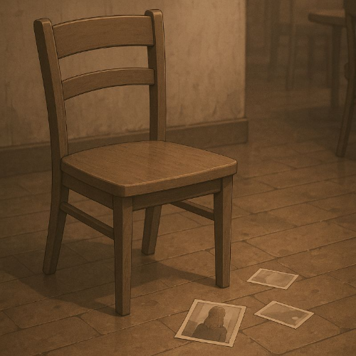 빈 카페에 남겨진 의자와 그 밑에 흩어져있는 사진들