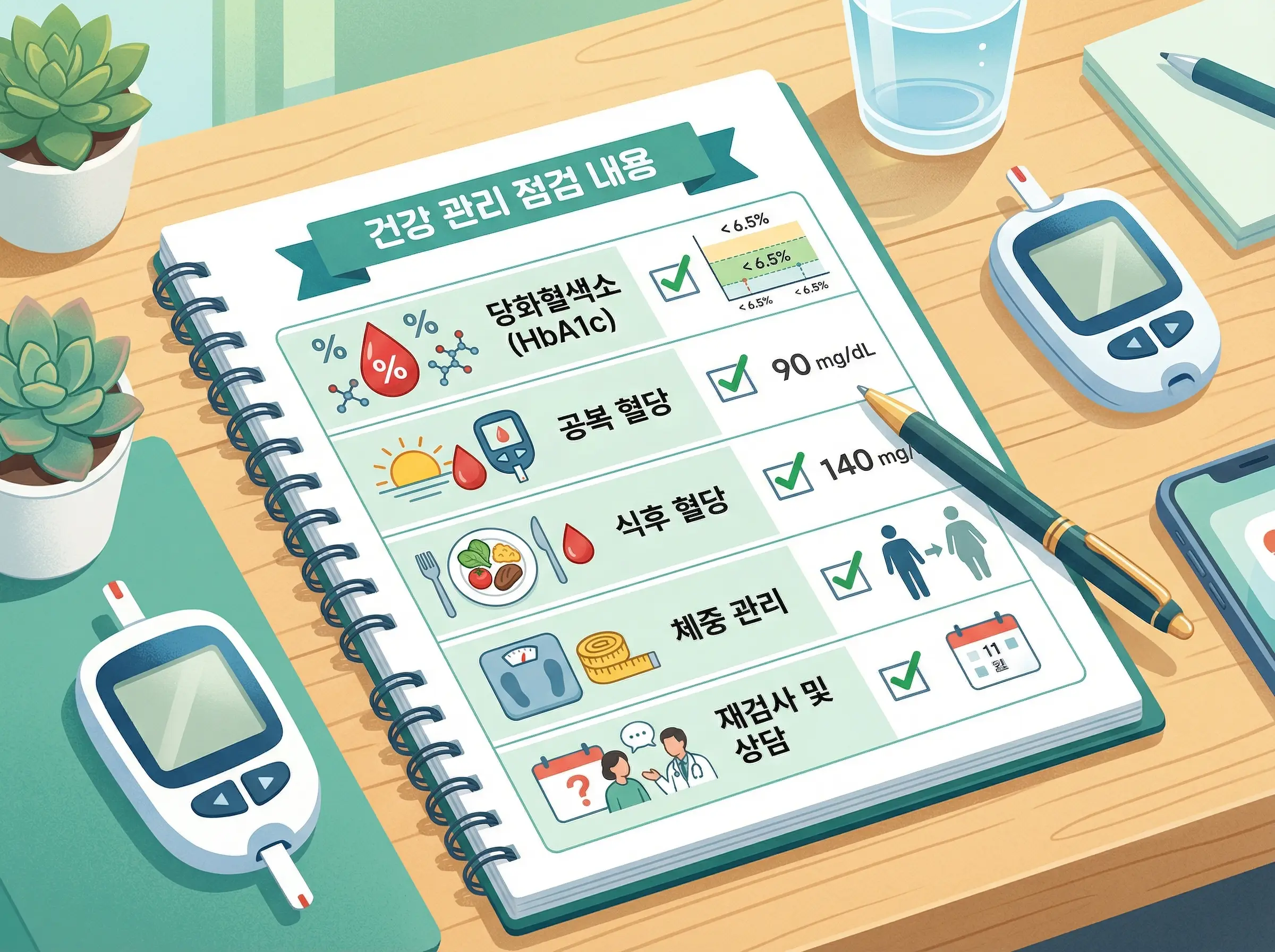 당화혈색소와 혈당 관리 체크리스트를 정리하는 이미지