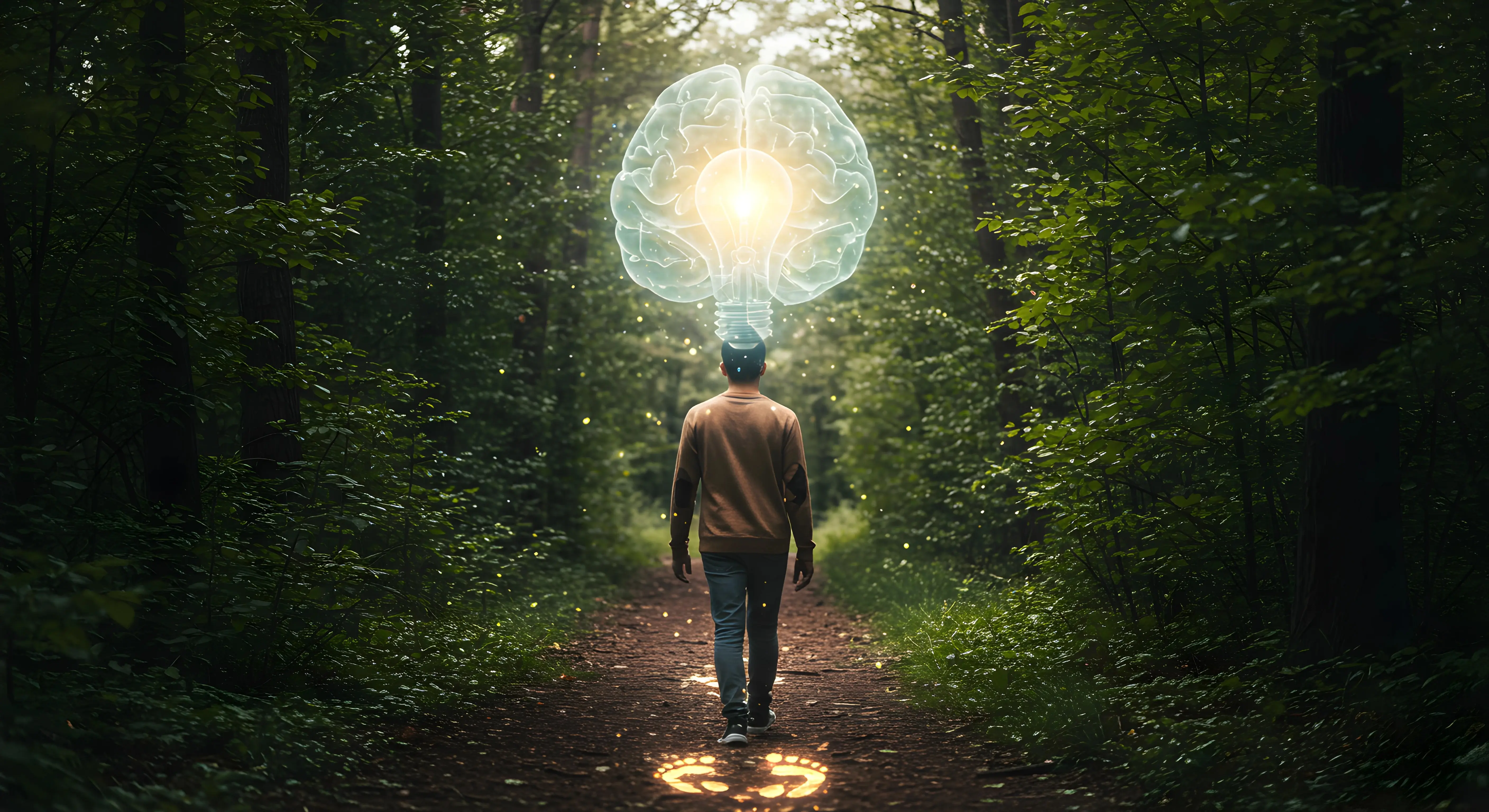 녹음이 우거진 숲길을 걷는 사람의 뒷모습과 그 위에 떠 있는 반투명한 뇌 모양의 전구, 발자국 주변에는 빛나는 입자들이 퍼져 있어 걷기와 창의적 사고의 연결을 시각화한 이미지