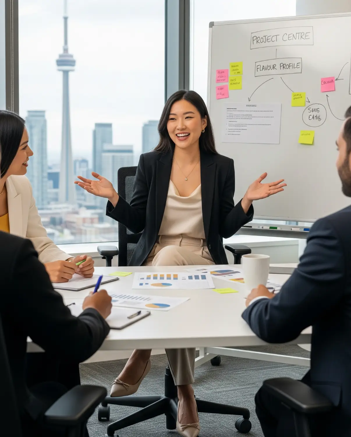 캐나다 현지인 동료들과의 미팅에서, 정확한 캐나다식 영어 표현을 사용하며 대화를 자신감 있게 이끌어가는 프로페셔널한 한국 여성