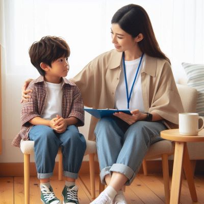 다문화가족 자녀와 상담가가 상담을 하고 있다.