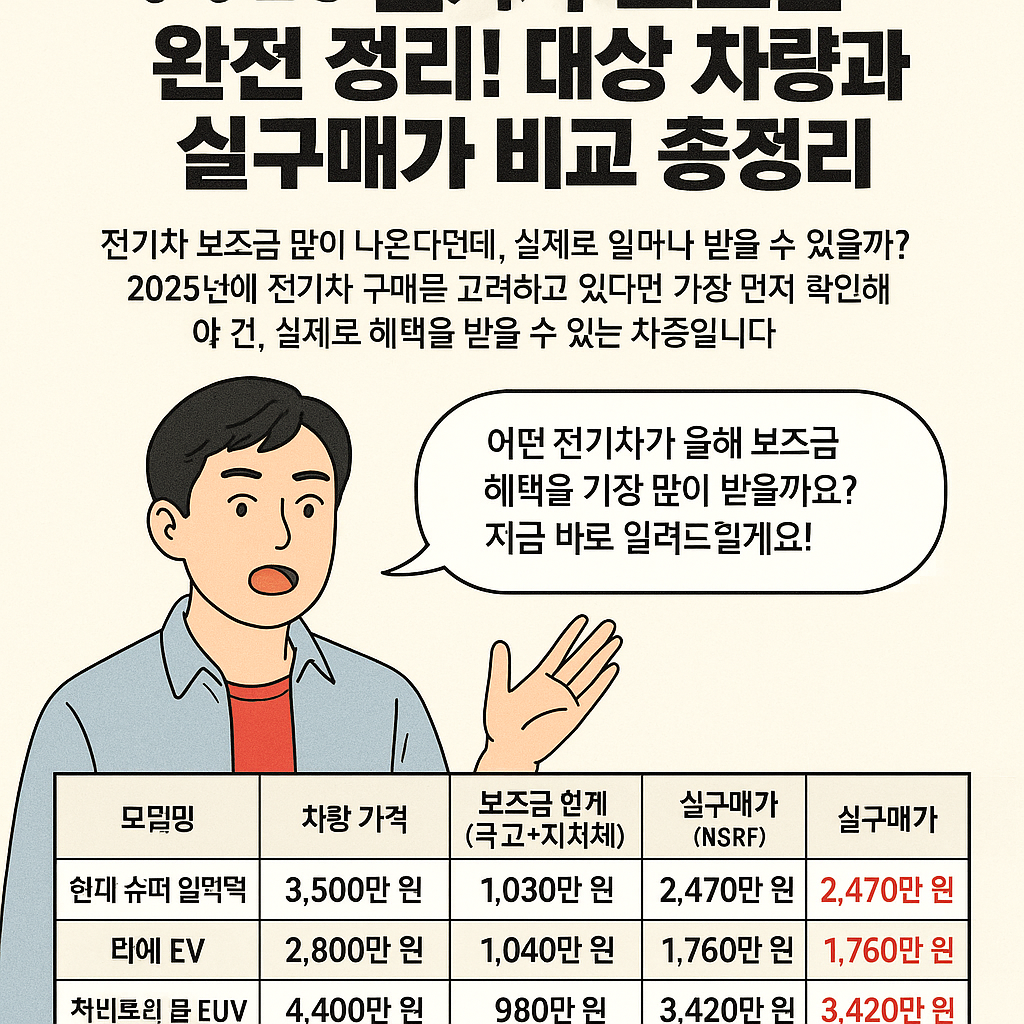 2025 전기차 보조금 얼마까지 받았니? 지원차량&middot;실구매가 한눈에 정리