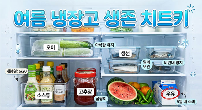 냉장고 속 식재료 올바른 보관법. 오이보관법, 샐러드 드레싱 보관법, 생선 보관법, 고추장보관법, 우유보관법