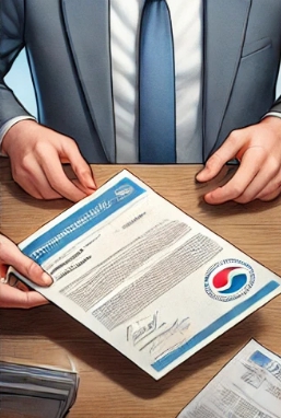 서류를 한손에 든 사람이 의자에 앉은사람에게 건네는 모습