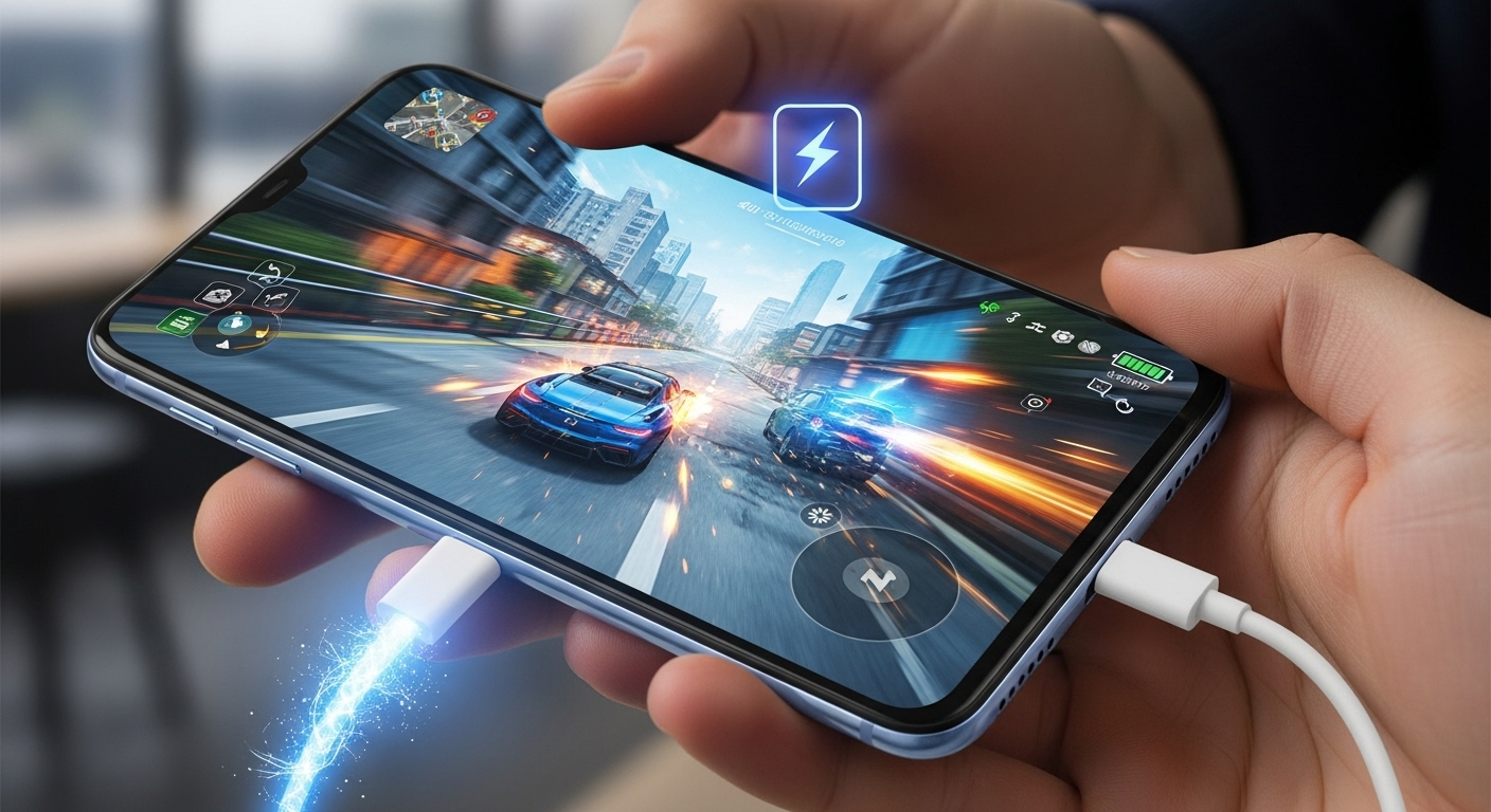 샤오미 중저가폰으로 고사양 게임을 즐기는 모습과 빠른 충전 기능을 강조하는 이미지.