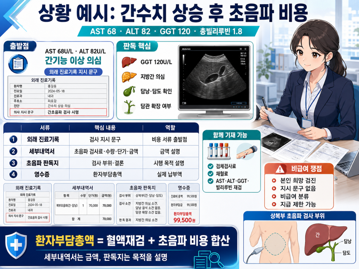 AST 68, ALT 82, GGT 120, 총빌리루빈 1.8 사례로 간수치 상승 후 초음파 비용과 제출 서류 흐름을 설명한 인포그래픽