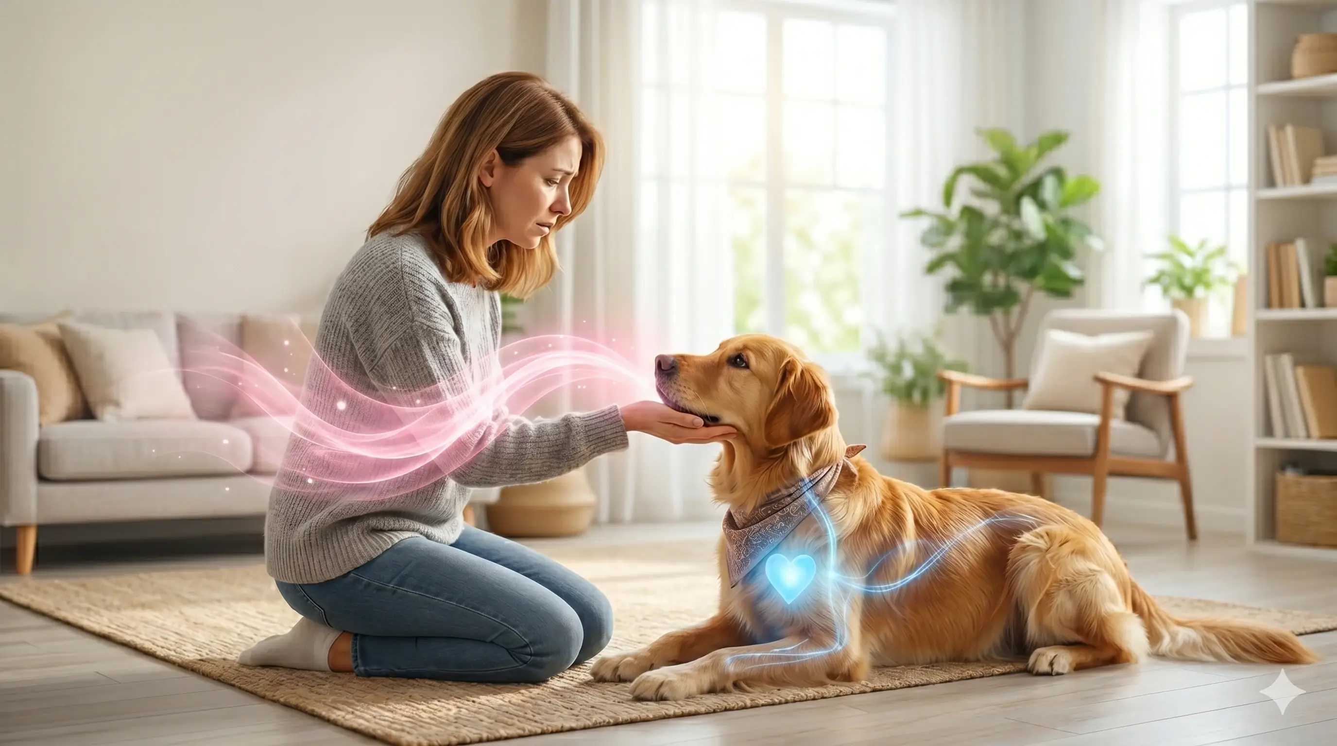 보호자의 사과와 화해 신호가 반려견의 긴장을 완화하는 과정을 묘사한 일러스트
