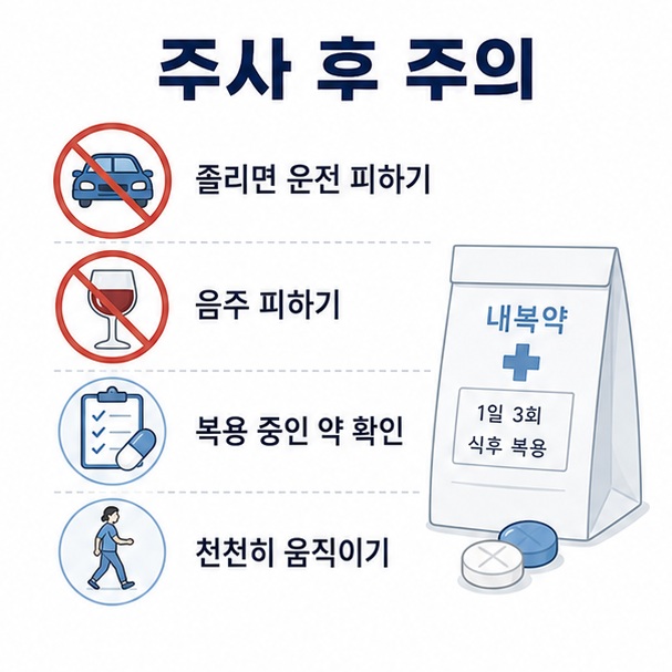 근육이완제 주사 후 졸리거나 어지러우면 운전을 피하고 음주와 다른 진정성 약물 사용에 주의해야 한다는 이미지