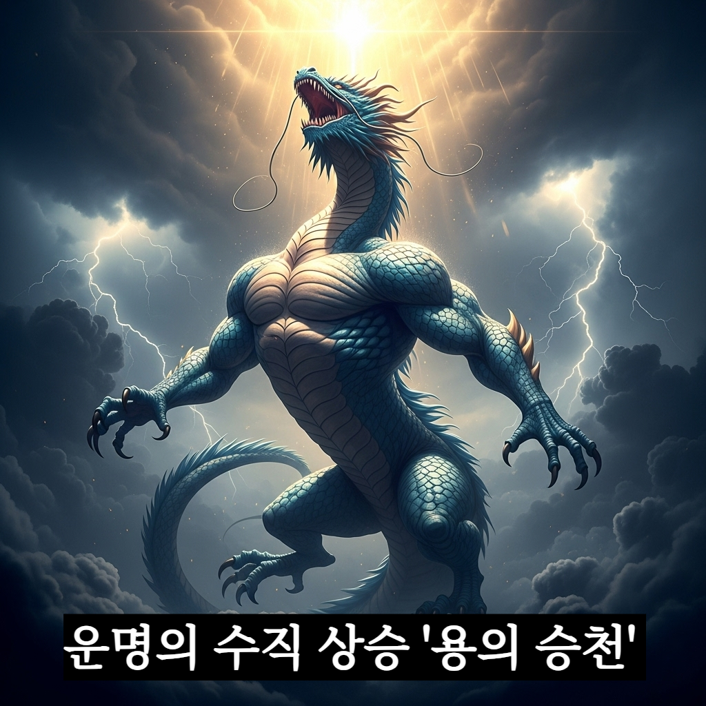구름을 뚫고 찬란한 금빛 가루를 흩뿌리며 하늘 높이 솟구쳐 오르는 거대한 청룡의 장엄하고 신비로운 일러스트