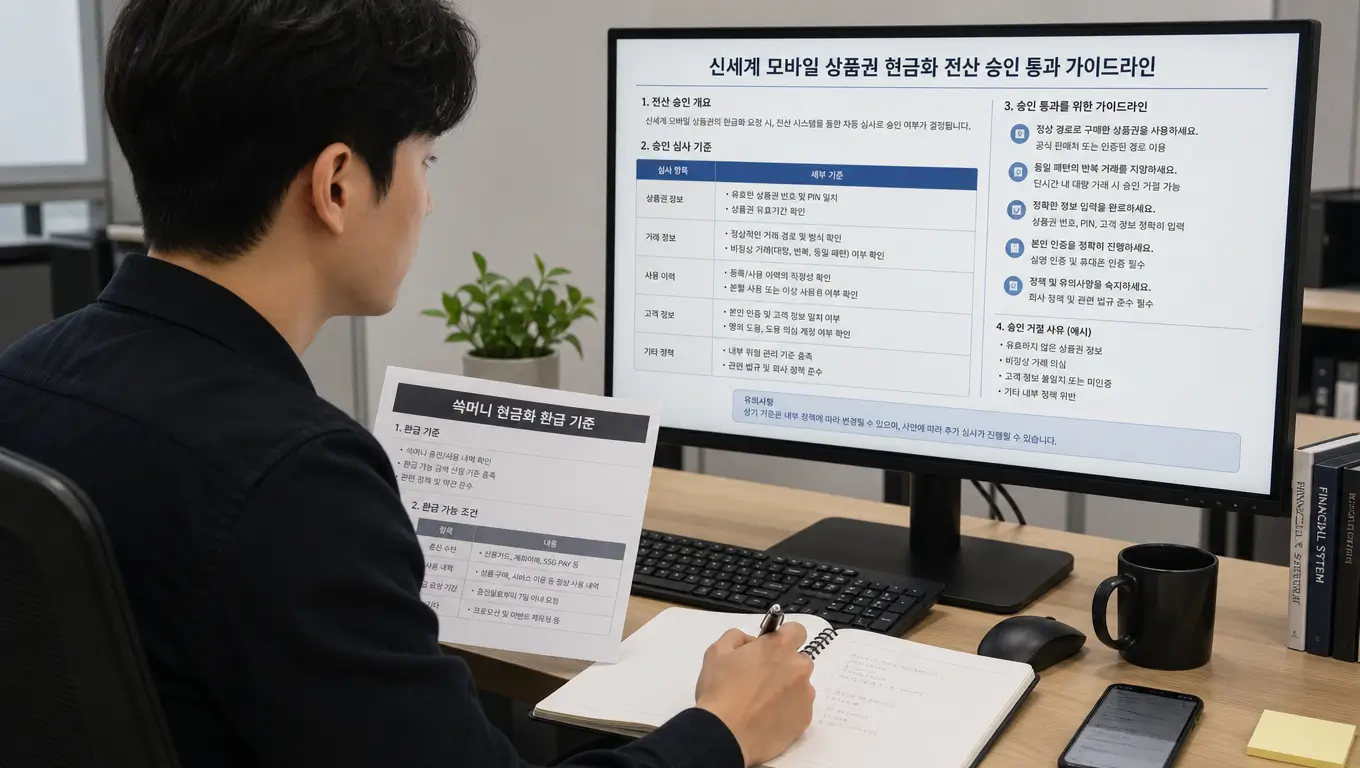 쓱 머니 현금화 환급 기준과 신세계 모바일 상품권 현금화 전산 승인 통과 가이드라인을 확인하는 모습