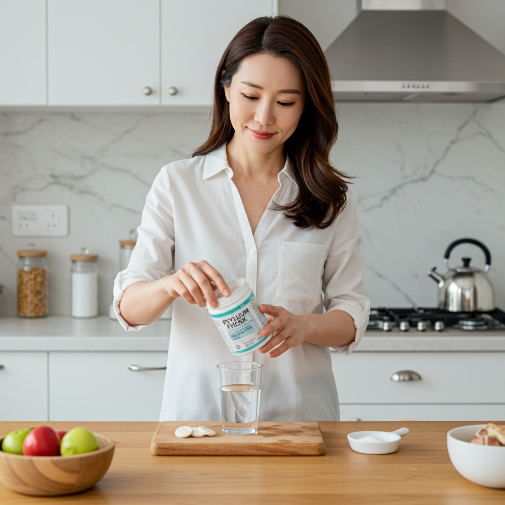 외식 전 혈당 관리를 위해 주방에서 차전자피 식이섬유를 물에 타서 준비하고 있는 여성