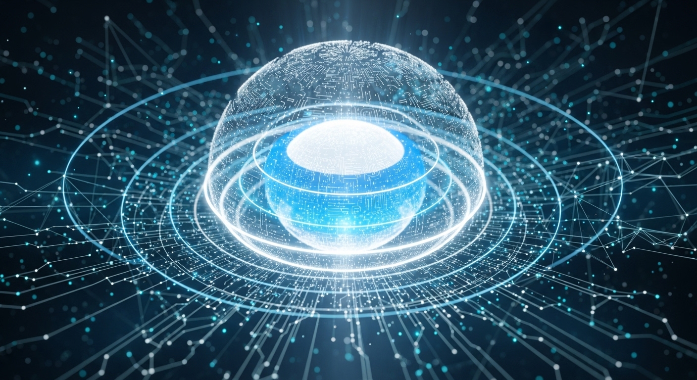 중앙 데이터 코어를 보호하는 여러 겹의 디지털 보안 및 데이터 보호 시스템을 추상적으로 표현한 이미지. 강력하고 다층적인 방어막을 보여준다.