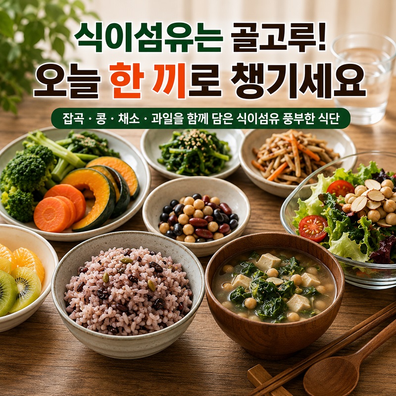 잡곡밥과 채소 반찬, 콩, 과일을 골고루 담은 식이섬유가 풍부한 한 끼 식사