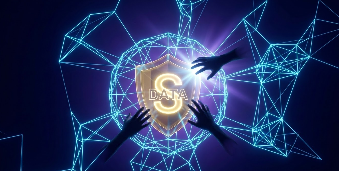 생성형 AI 보안 문제: 데이터 유출을 막는 AI 신경망 네트워크와 방패 일러스트레이션