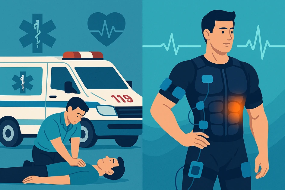 119 구급차 앞에서 구급대원이 심폐소생술을 하는 장면과, 전신 EMS 수트를 입고 전기 근육 자극 운동을 하는 남성이 함께 그려진 일러스트 썸네일