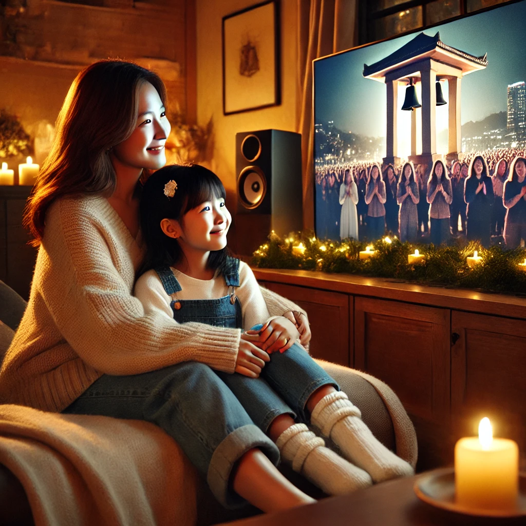 이 사진은 딸아이와 함께 티비를 통해 타종행사를 보면서 새해맞이 카운트다운을 하는 모습의 사진입니다.