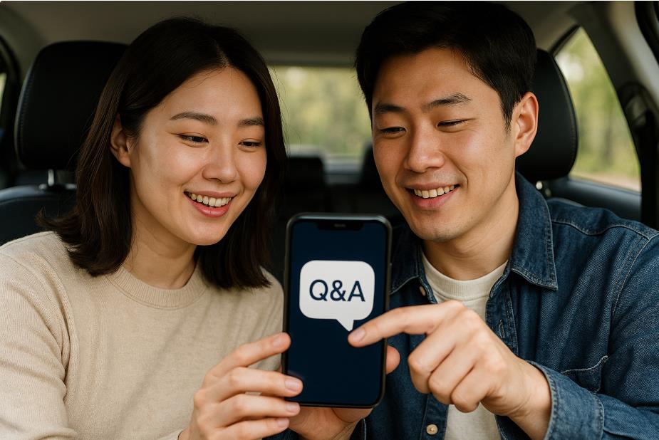 차 안에서 한국인 남녀가 스마트폰 Q&A 기능 확인