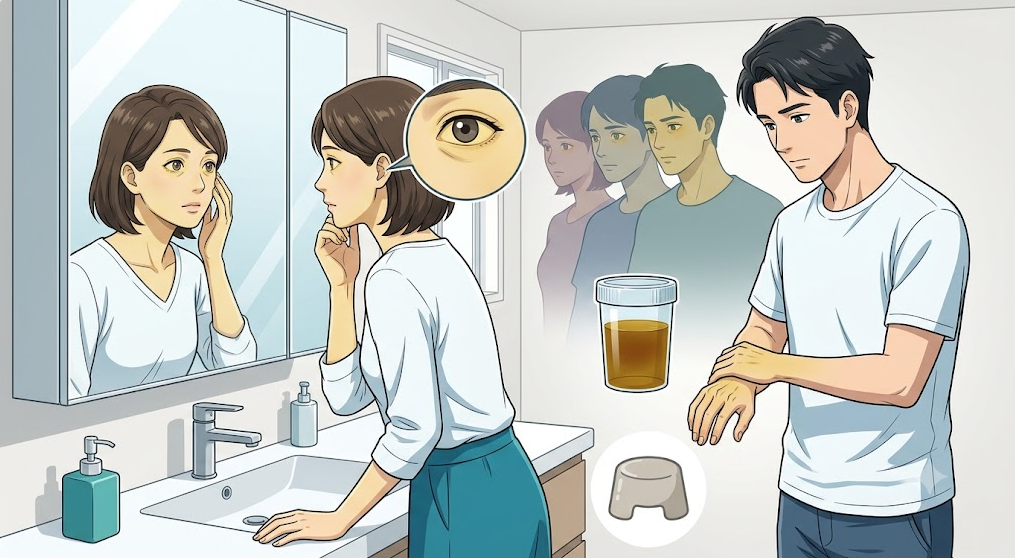거울을 보며 눈 흰자의 황달 변화를 확인하는 여성과 피부 색 변화 및 진한 소변, 옅은 대변을 관찰하는 남성을 표현한 성인 황달 첫 인식 메디컬 일러스트