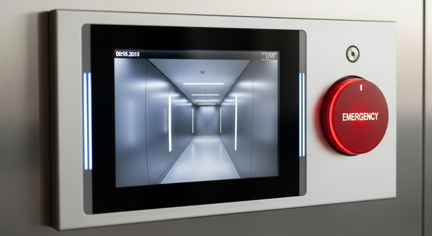 실버타운 내 복도를 보여주는 CCTV 화면이 있는 현대적인 보안 패널과 비상벨, 입주민의 안전을 강조.
