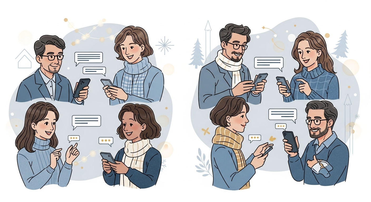 다양한 연령대의 사람들이 스마트폰으로 연말 감사 메시지를 주고받으며 따뜻하게 웃는 모습의 그림.