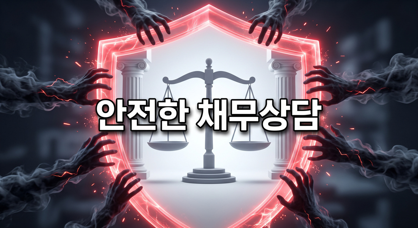 불법 추심과 사설 대부를 상징하는 어두운 손길을 강력한 붉은색 방패와 디지털 요새가 막아내고, 그 안에는 공적 구제 기관을 뜻하는 관공서 기둥과 저울이 놓여 있는 3D 일러스트 배경에, 짙은 그림자와 외곽선으로 선명하게 강조된 '안전한 채무상담'이라는 한글 문구가 중앙에 적힌 이미지