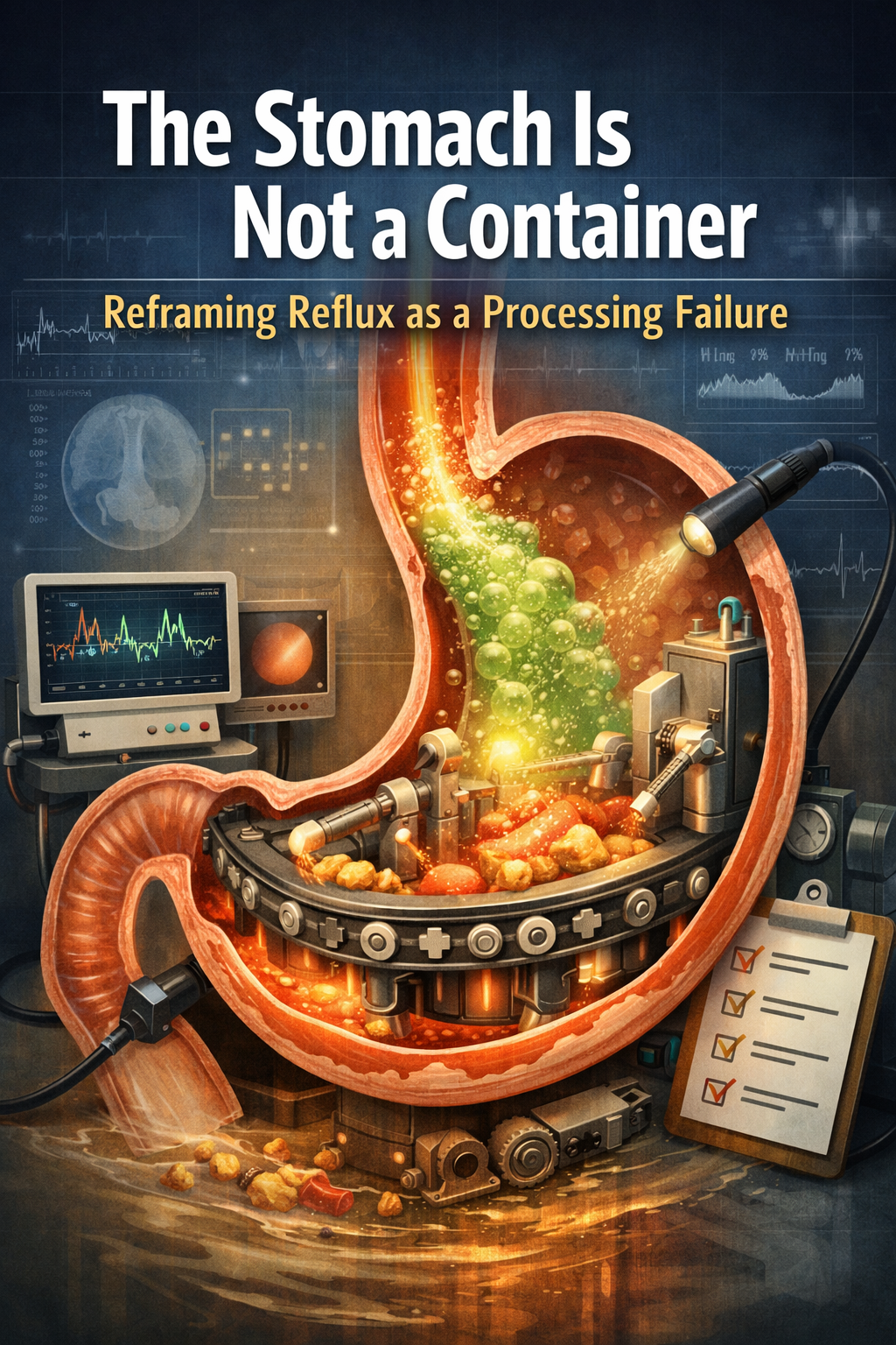 역류성 식도염을 처리 실패 관점에서 설명하는 위장 단면 일러스트로, 위장이 저장소가 아닌 처리 시스템처럼 작동하며 음식 이동 지연과 위산 반응을 시각화한 이미지
