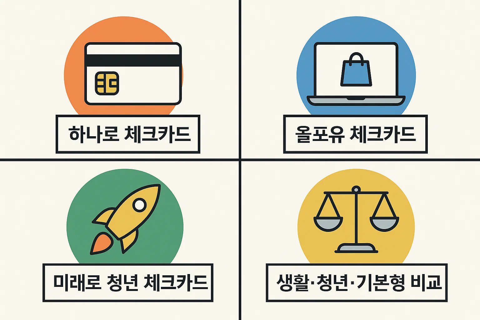 우체국 하나로 체크카드, 올포유 체크카드, 미래로 청년 체크카드의 주요 혜택과 생활형·기본형 차이를 비교한 카드 인포그래픽