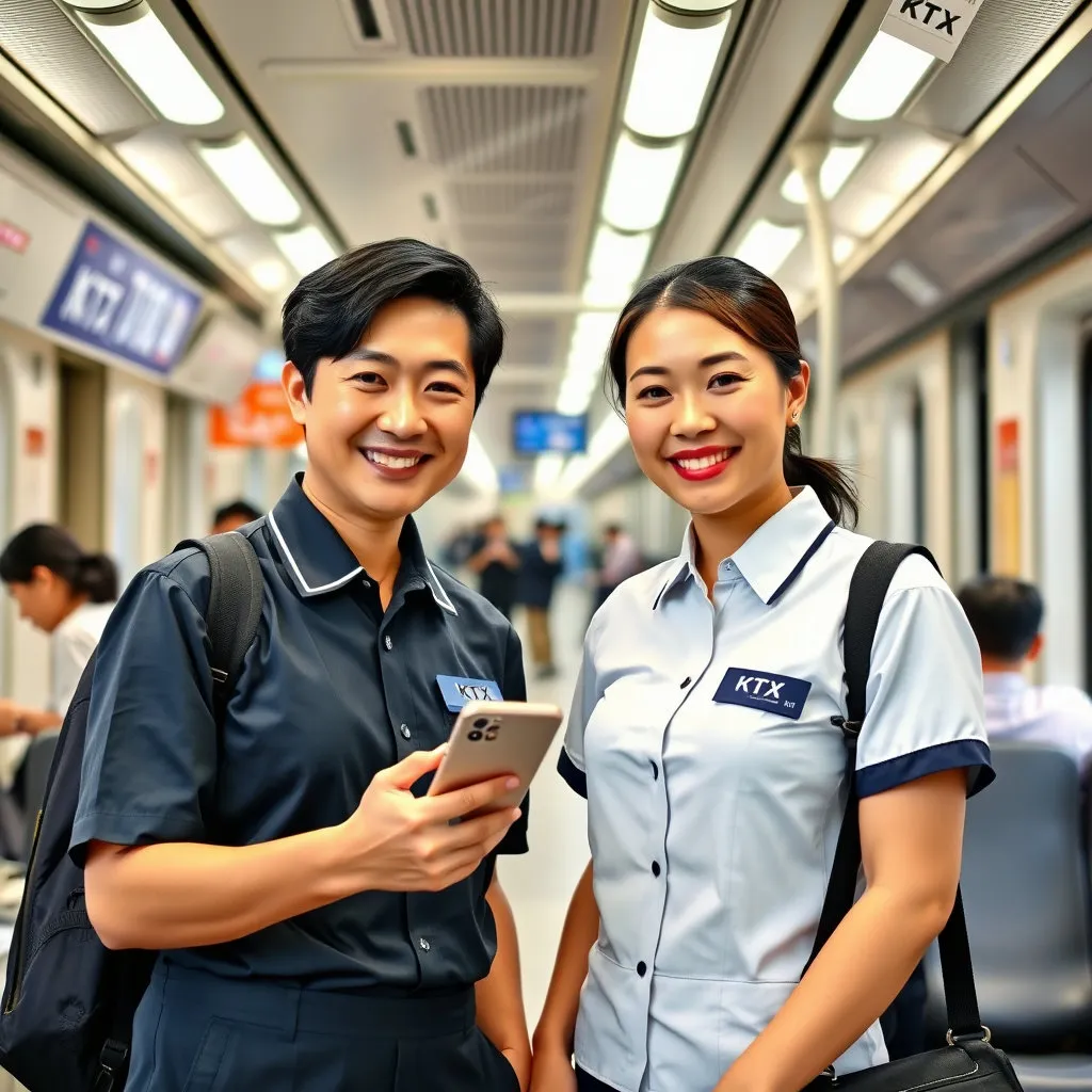 KTX 제복을 입은 안내원이 스마트폰 앱이나 티켓을 보여주며 질문하는 승객에게 친절하게 설명해 주는 모습. 미소를 짓는 안내원의 표정과 함께, 신뢰감 있고 도움을 주는 이미지를 표현합니다. 역 구내의 안내 데스크나 열차 내부 복도가 배경이 될 수 있습니다.