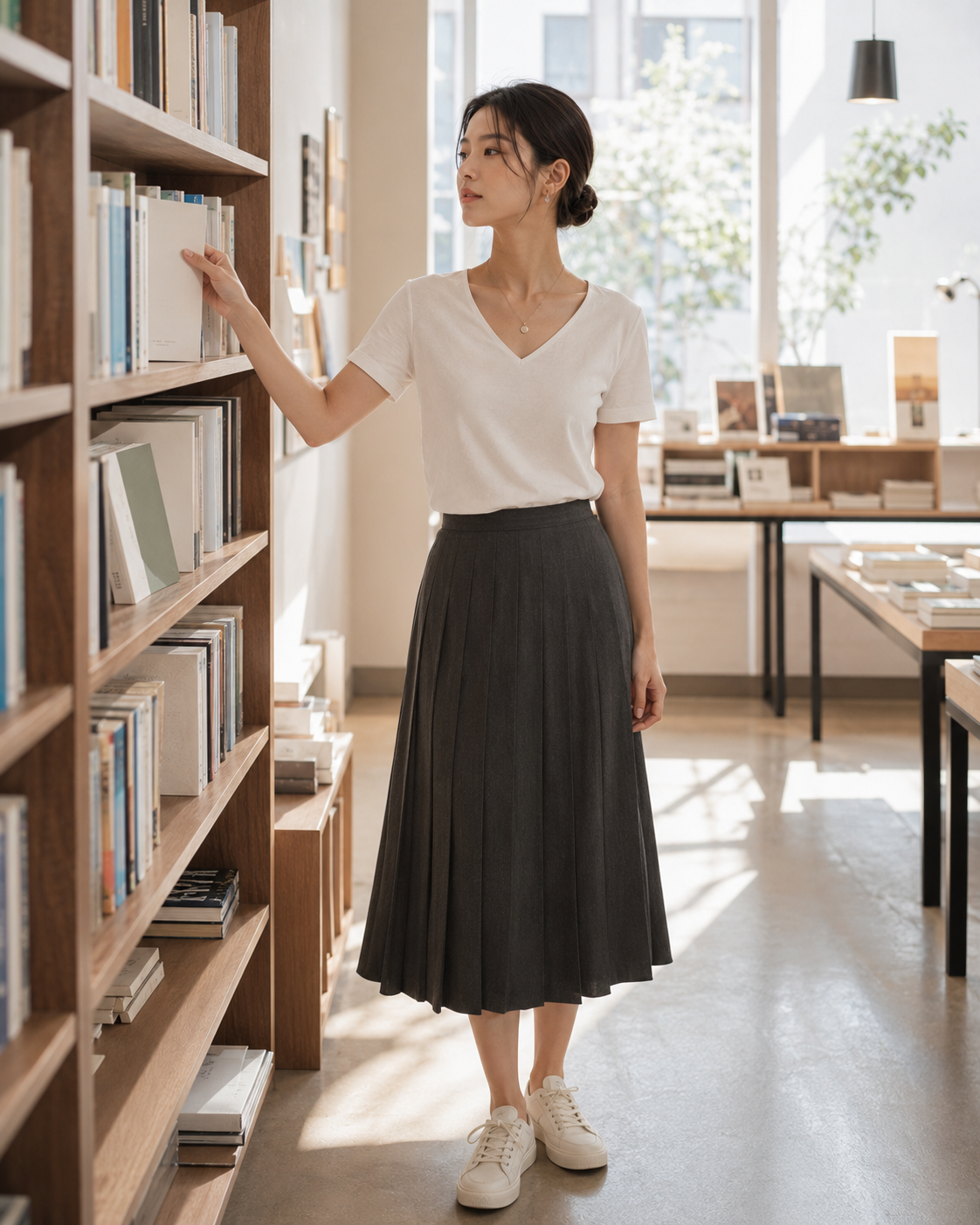 가장 활용하기 좋은 브이넥에서 옷의 길이와 실루엣이 신체 비율에 미치는 포인트를 보여주는 이미지입니다.