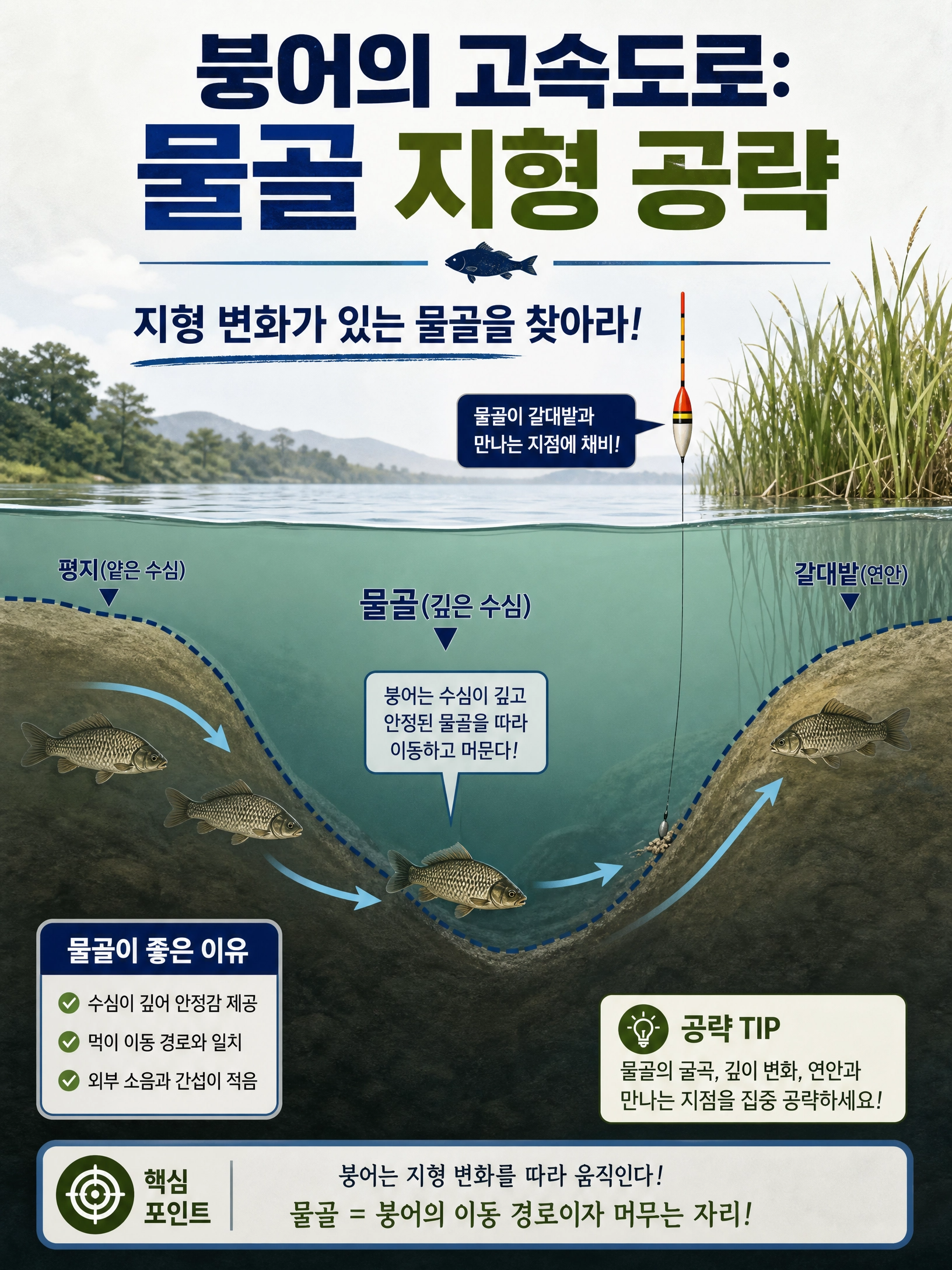 저수지 바닥 물골 지형의 구조와 붕어의 이동 통로로서의 가치 설명