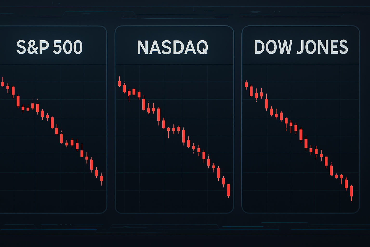 하락세를 보이는 S&amp;P 500, 나스닥, 다우존스 3대 지수 그래프 이미지