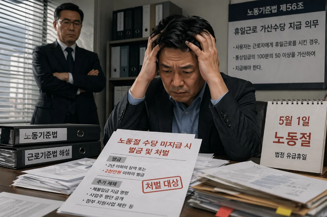 노동절 수당 미지급 시 벌금과 처벌이 적힌 법률 서류와 함께 근심하는 사업주의 모습.