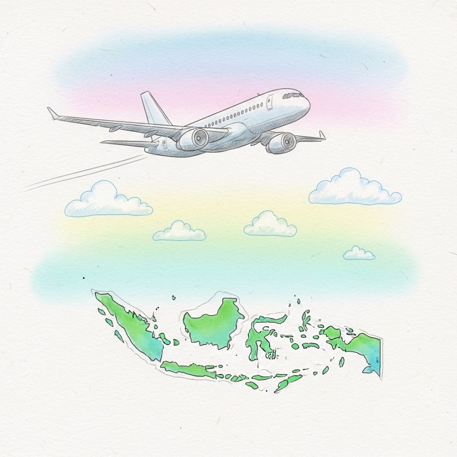 인도네시아 섬 위를 비행하는 비행기 일러스트