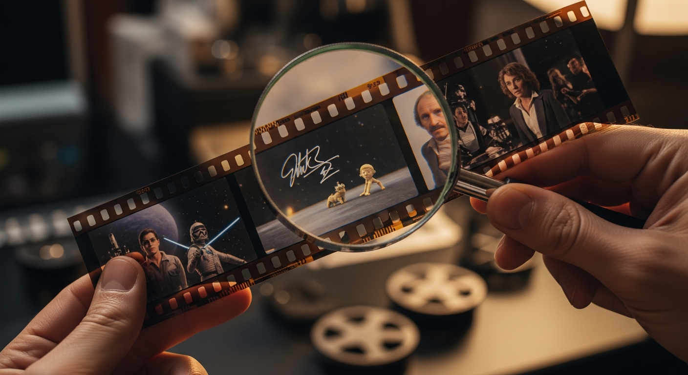 돋보기로 영화 필름 속 숨겨진 이스터 에그를 찾는 모습