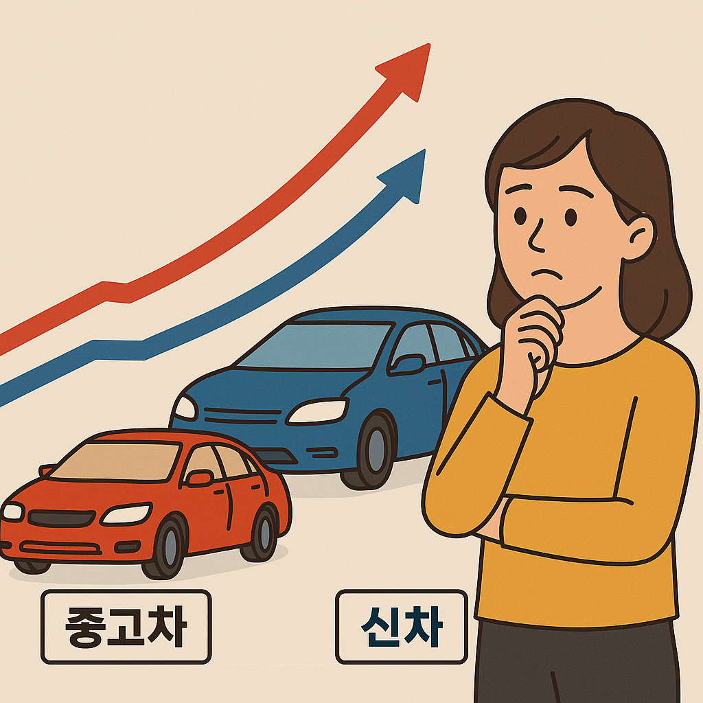 중고차가 신차보다 가격이 높아지는 그래프를 나타내는 인포그래픽 이미지
