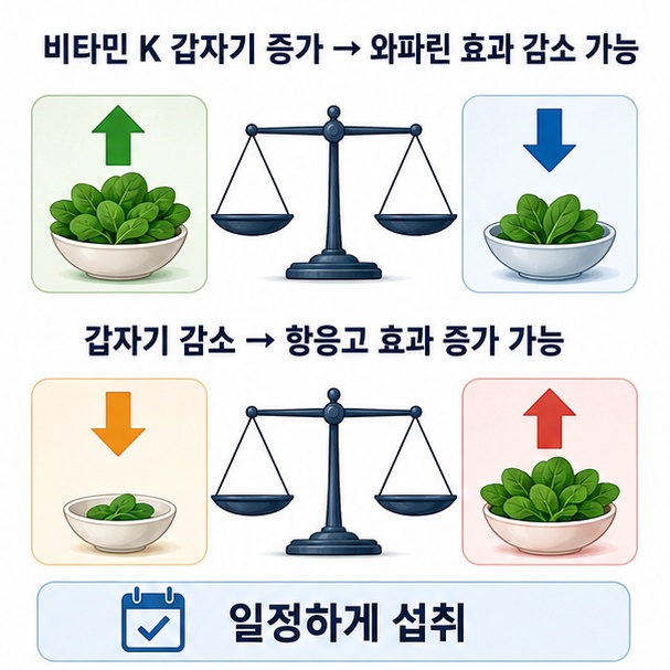 비타민 K 섭취량 변화가 와파린 효과와 INR에 영향을 줄 수 있어 일정하게 먹어야 함을 설명한 이미지