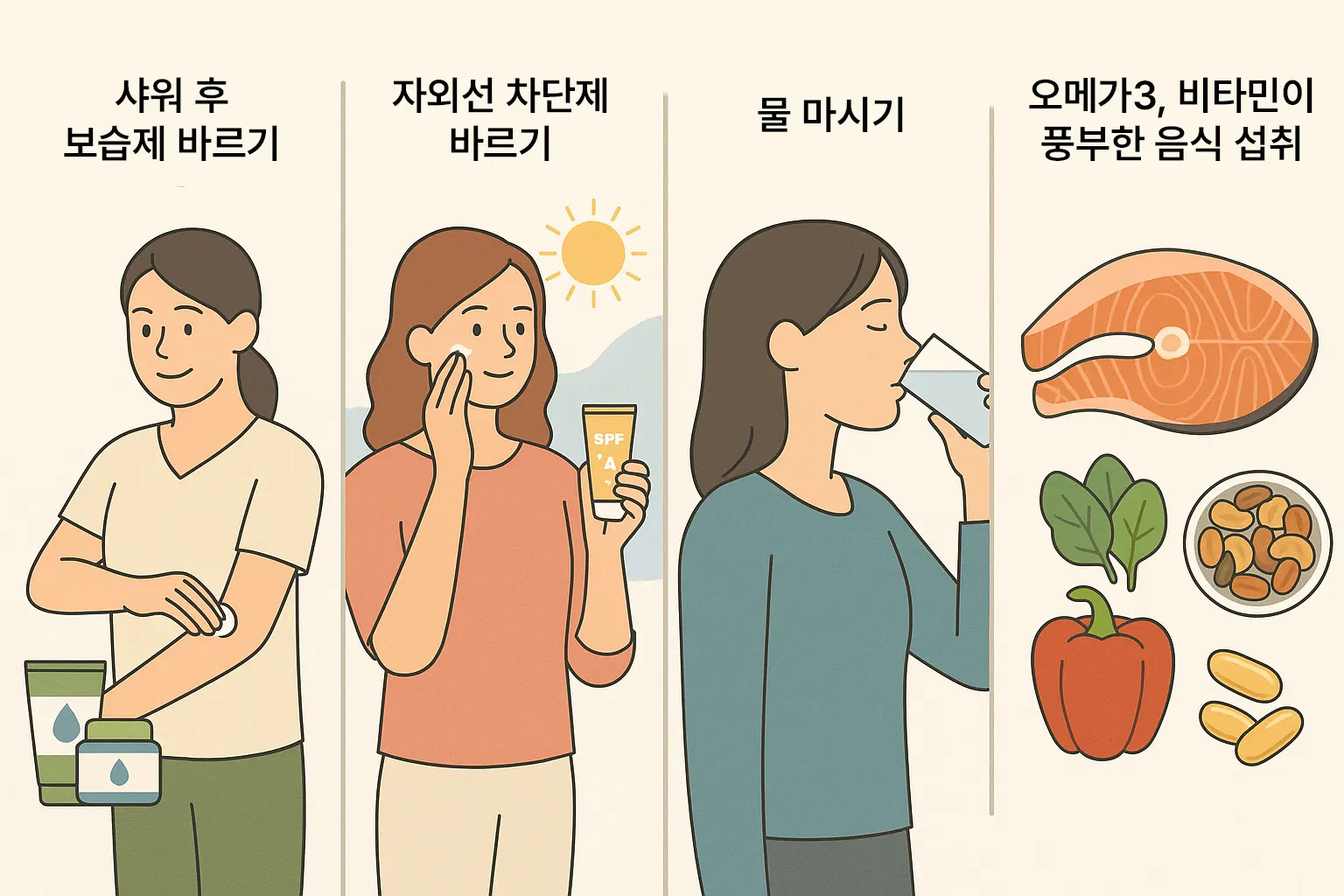 샤워 후 3분 이내에 보습제를 바르는 모습, 수분·유분 균형 잡힌 보습제 제품, 면 소재의 편안한 옷을 입은 사람, 자외선 차단제를 바르고 외출하는 장면, 물을 마시는 모습과 오메가-3·비타민이 풍부한 음식(연어, 견과류, 시금치, 파프리카)